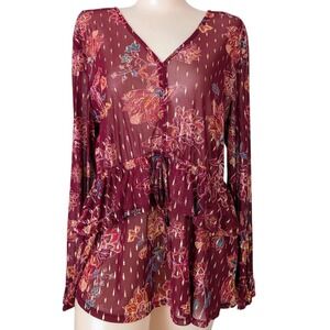 Boho‎ Sheer Mesh Peplum Top Large Fairy Grunge Ruffle Floral Shimmer Festival